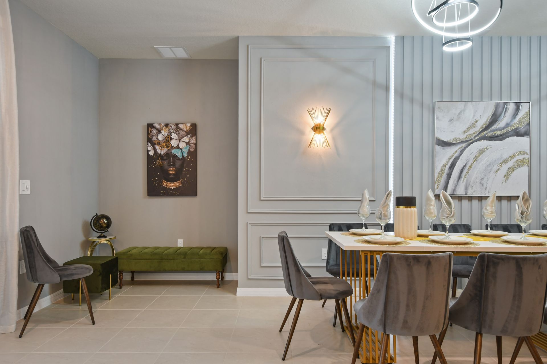 Cozy reading nook meets elegant dining in this artfully styled modern space.
