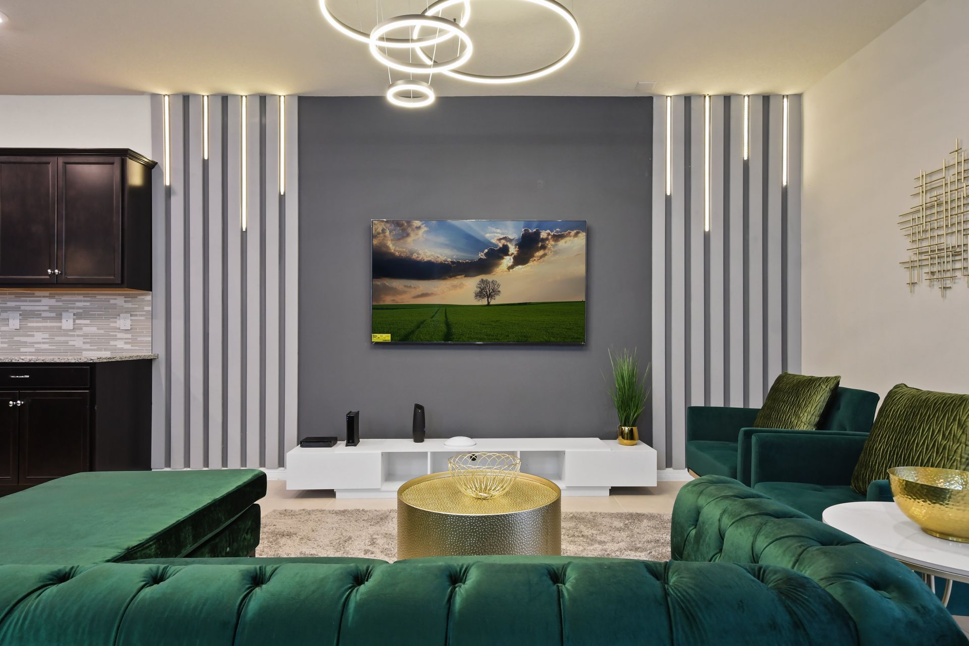 Chic modern living room with luxe velvet seating and stylish ambient lighting!
