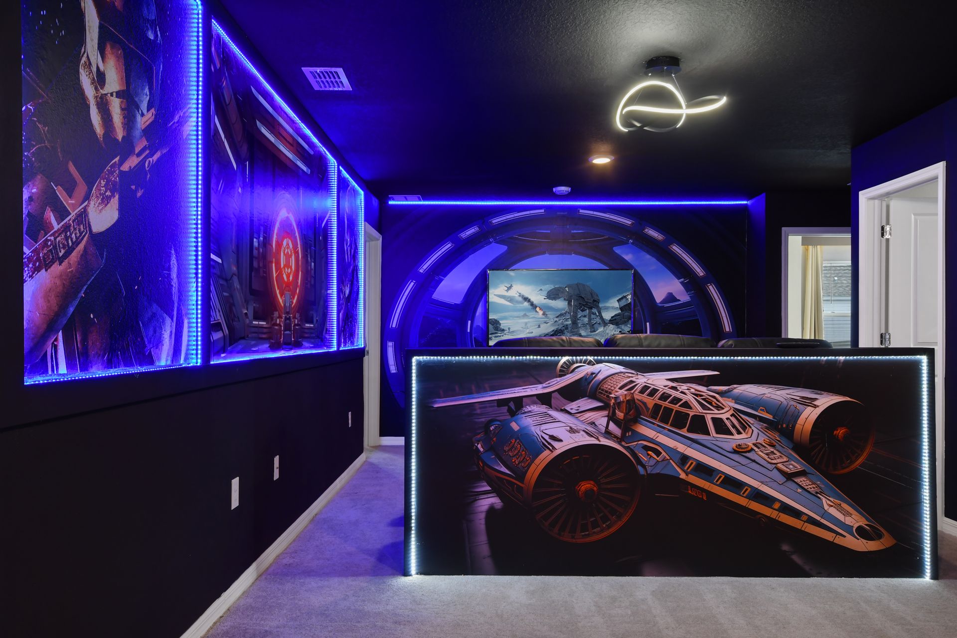 Immersive space-themed theater with starship design, LED glow, and epic visuals.
