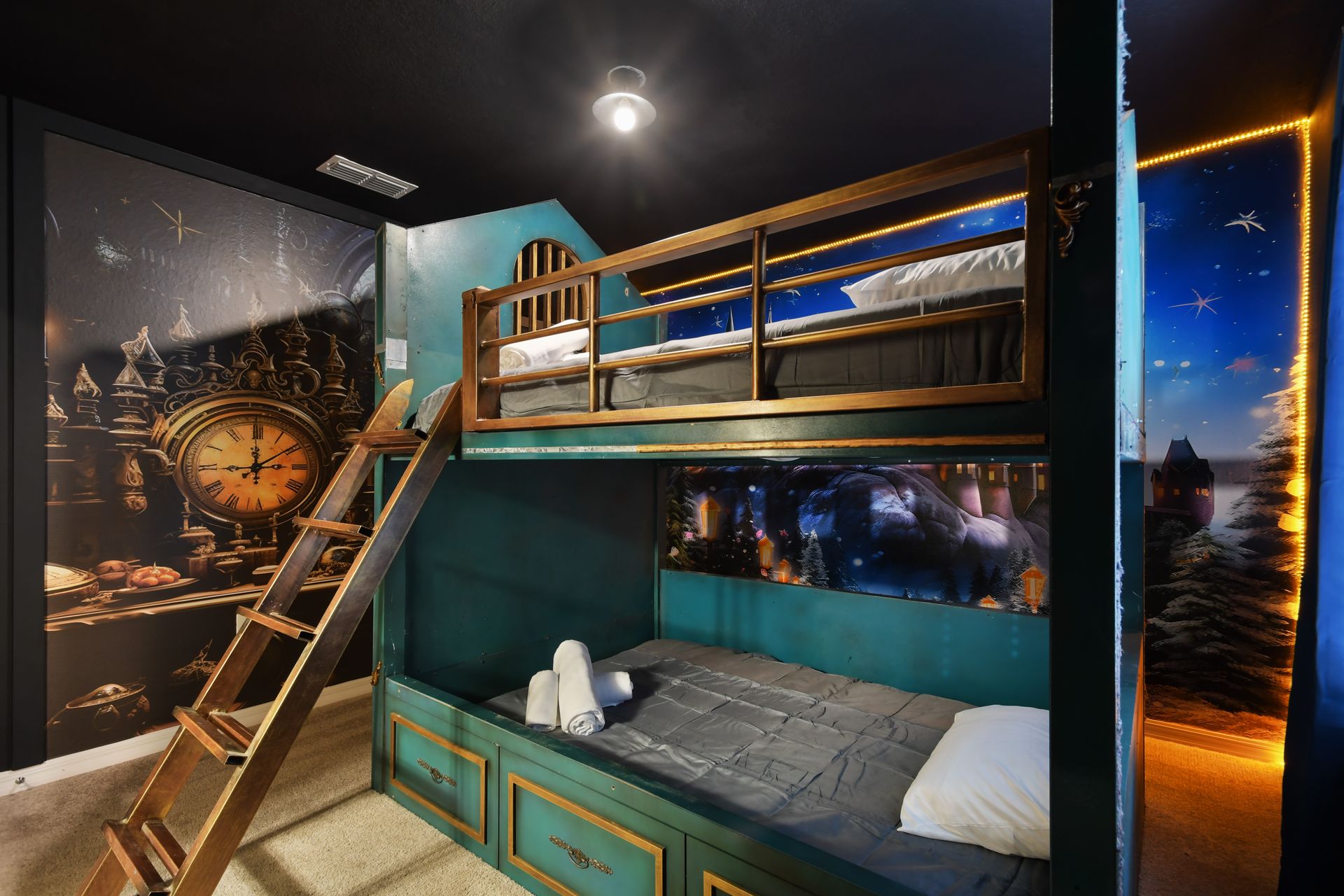 Enchanting bunk room with wizard-themed décor, glowing murals, and cozy charm.
