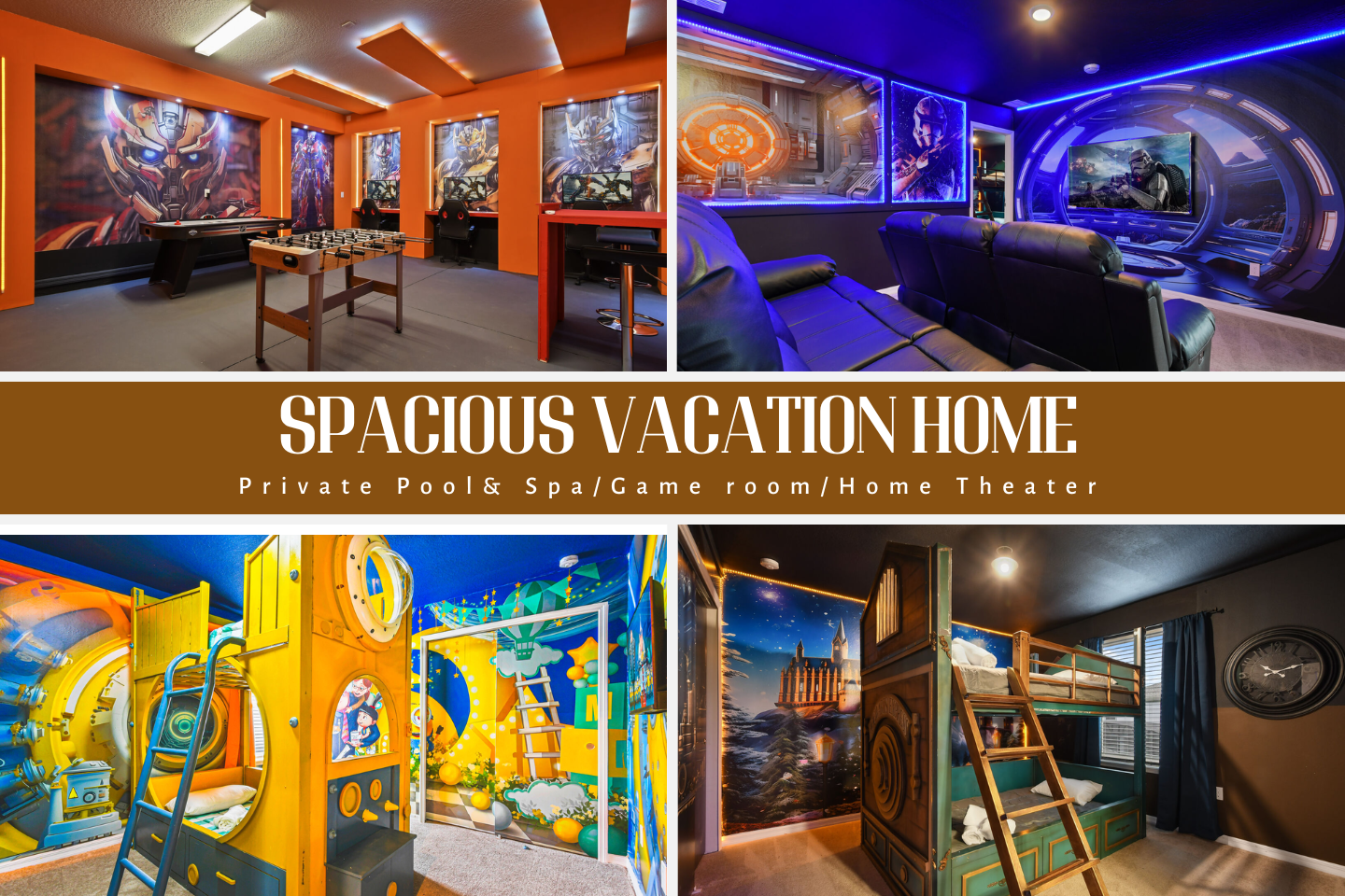 This promotional image beautifully showcases a spacious vacation home with standout amenities