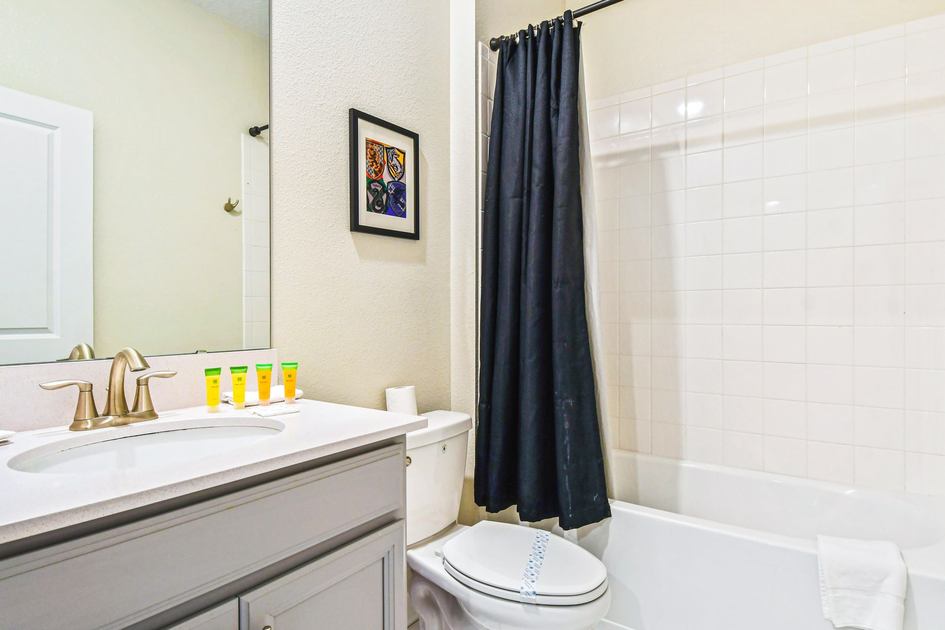 Indulge in luxury in our well-appointed bathroom, providing you with all the amenities you need for a comfortable stay.