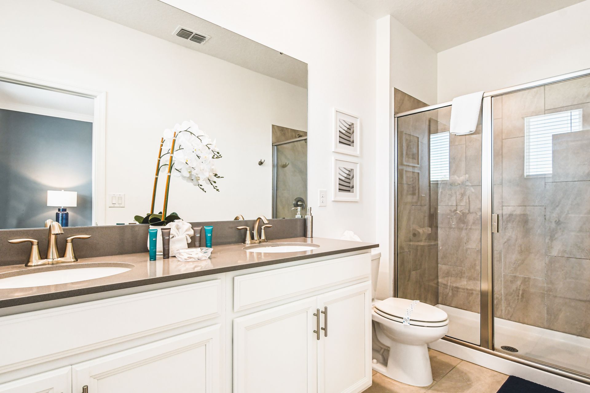 Modern bathroom with double vanity, sleek fixtures, and spacious walk-in shower