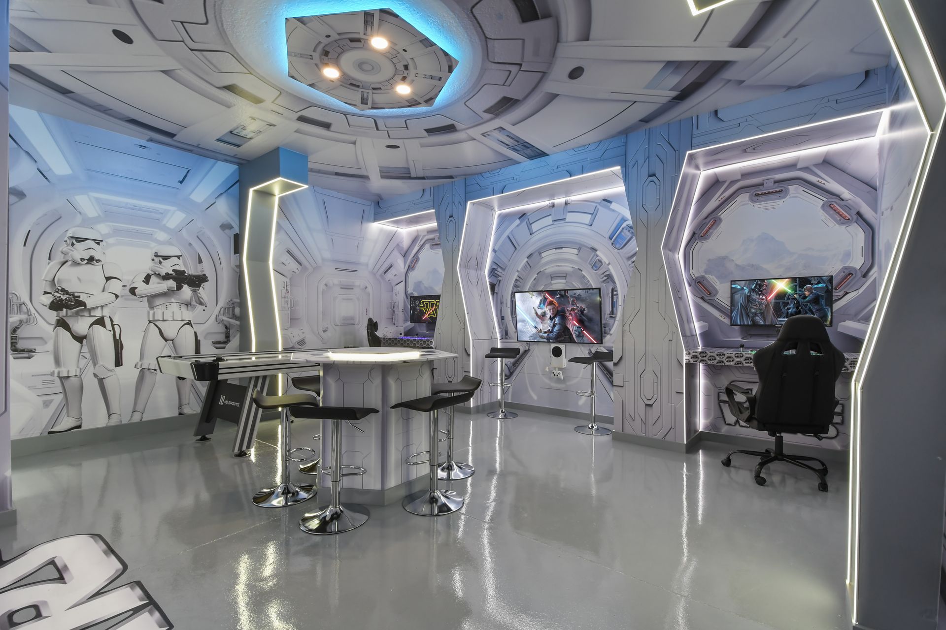 Immersive space-themed game room with epic battles & galactic vibes