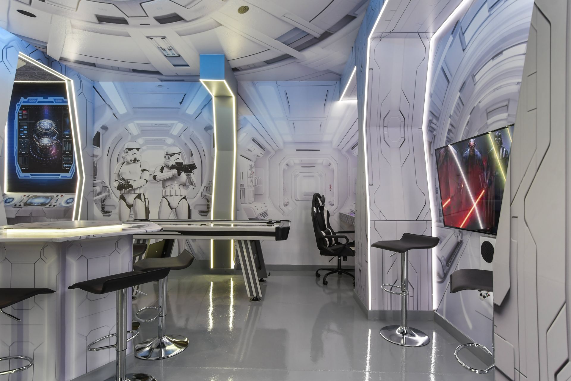 Ultimate Star Wars game room with galactic décor, arcade fun & space vibes!