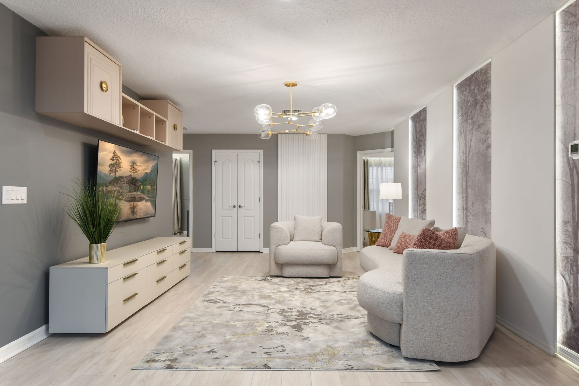 Stylish and serene lounge with modern décor, soft neutrals & cozy vibes!