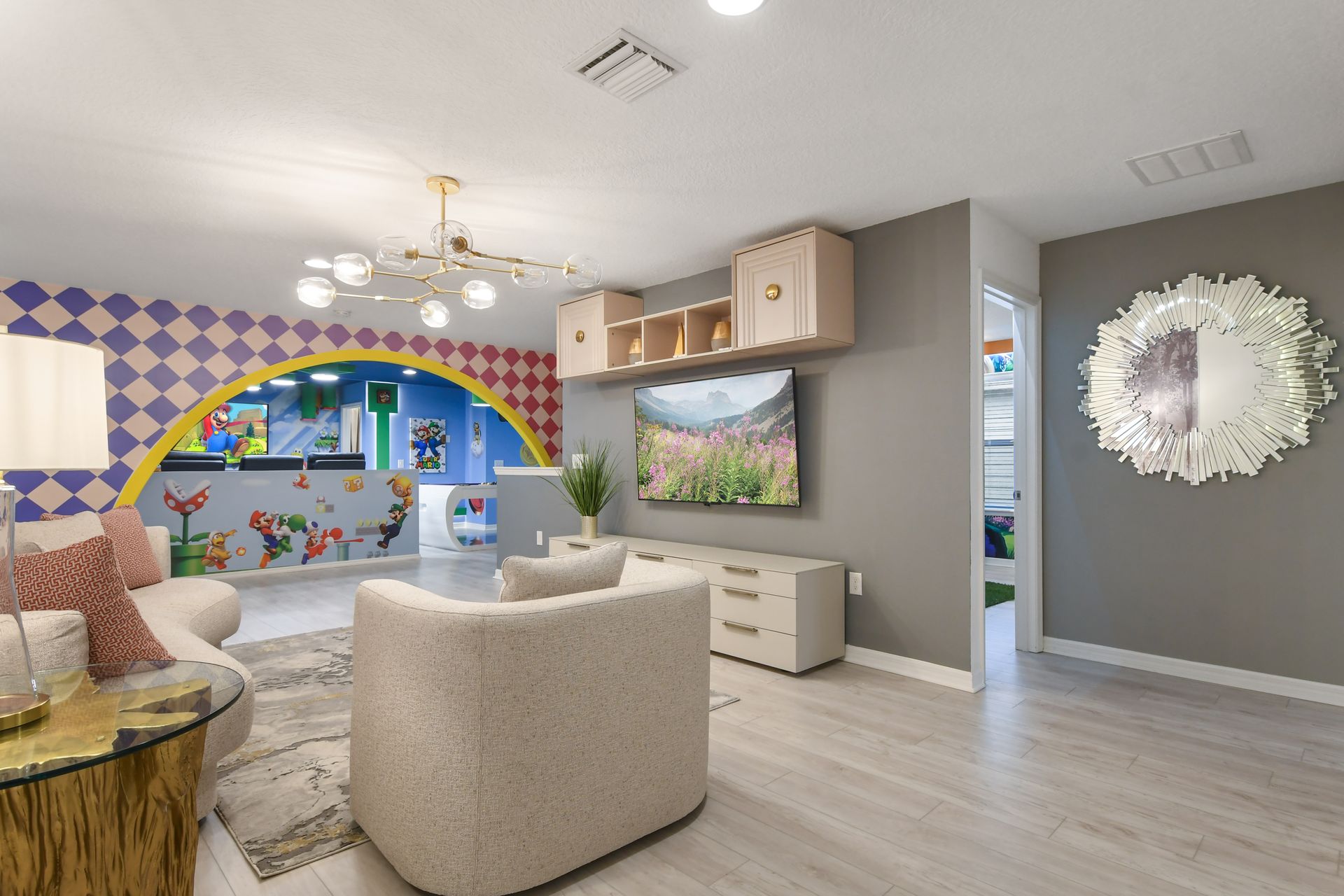 Chic lounge meets Super Mario fun—relax in style or dive into a gaming adventure! 