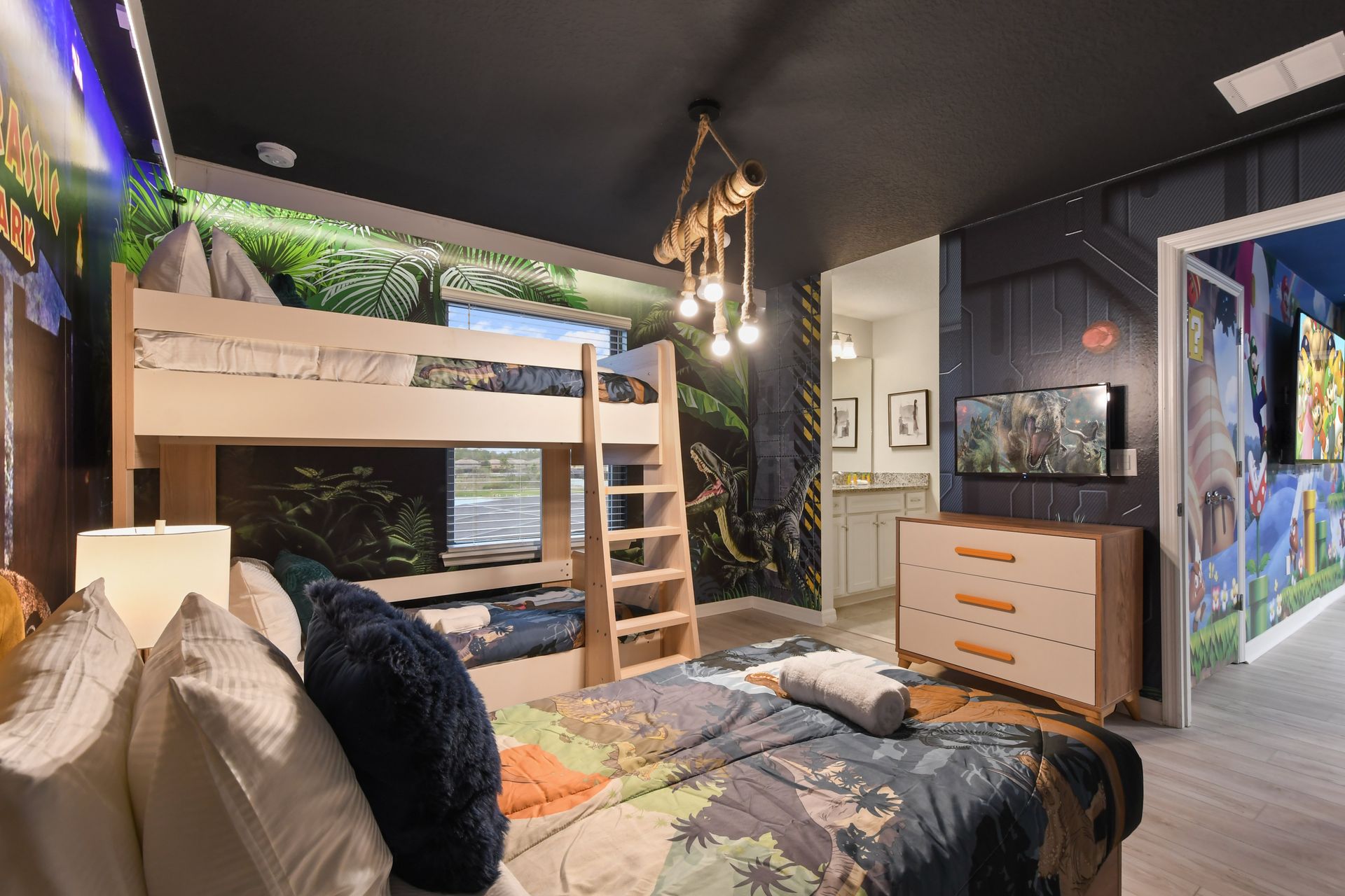 Epic Jurassic Park-themed room with bunk beds, dino décor & adventure vibes!