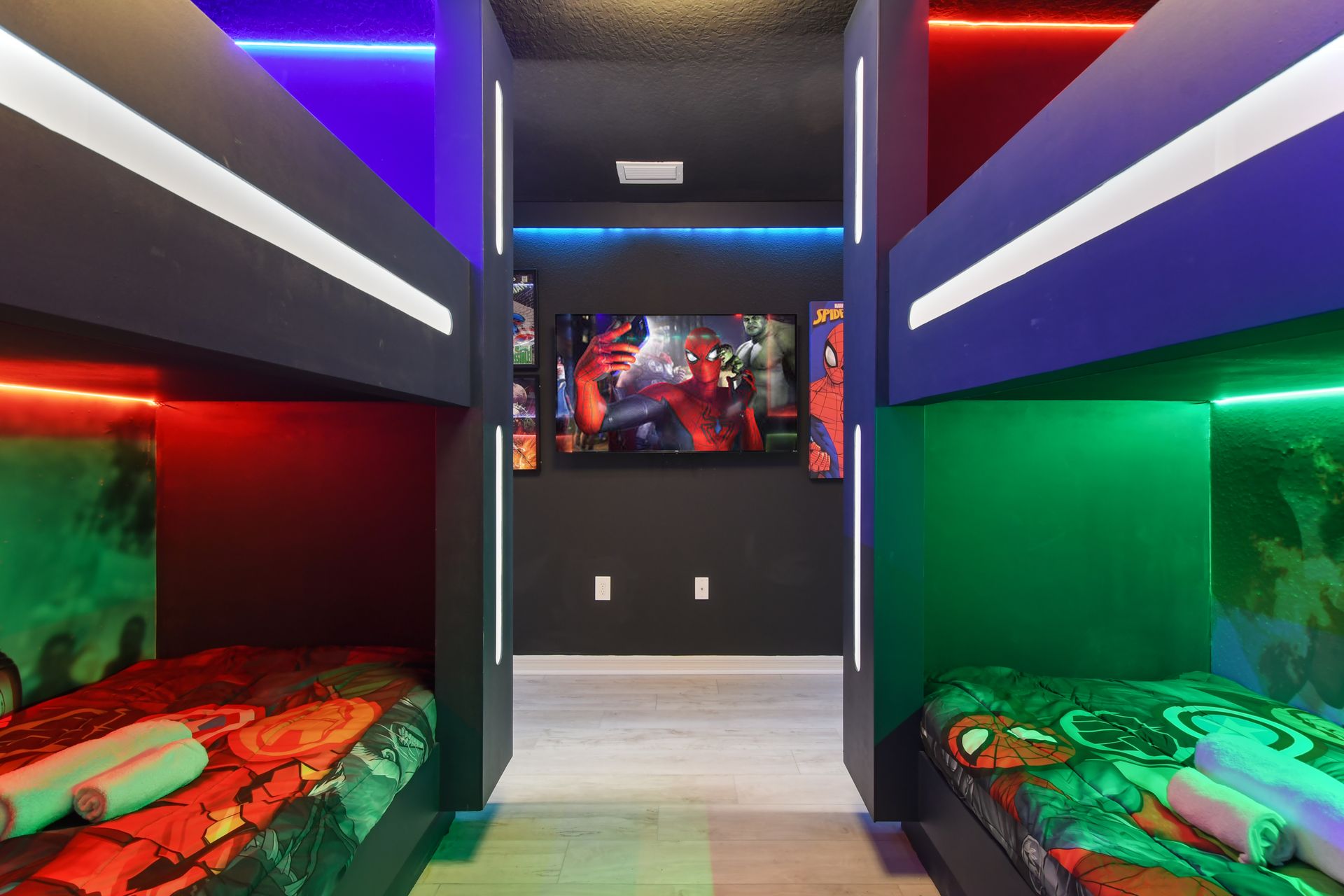 Vibrant themed bunk room with epic LED lighting!