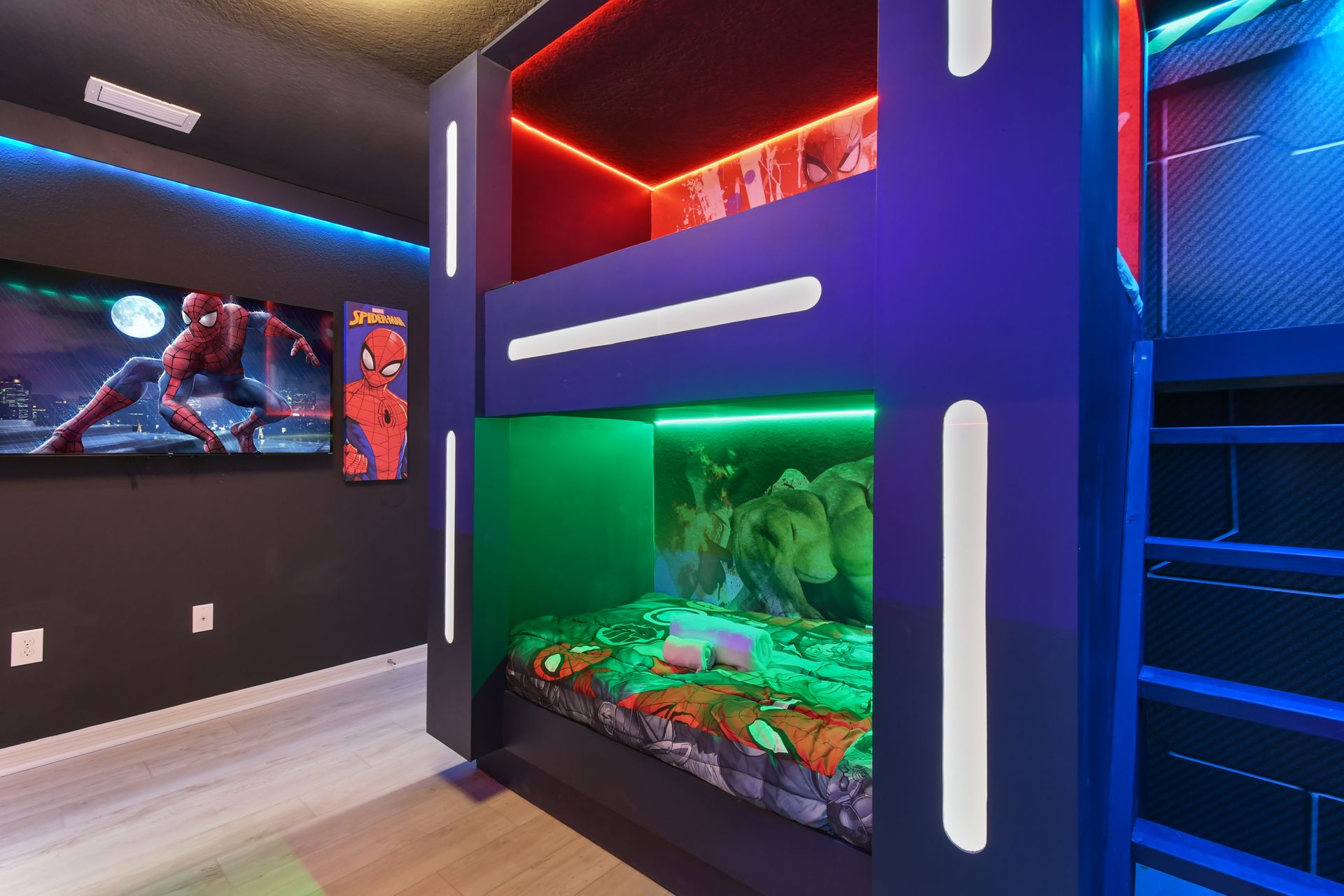 Vibrant themed bunk room with epic LED lighting!