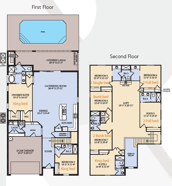 Spacious 8BR floor plan with themed rooms, 5 bathrooms, loft, pool, and multiple suites—perfect for large families or group getaways!
