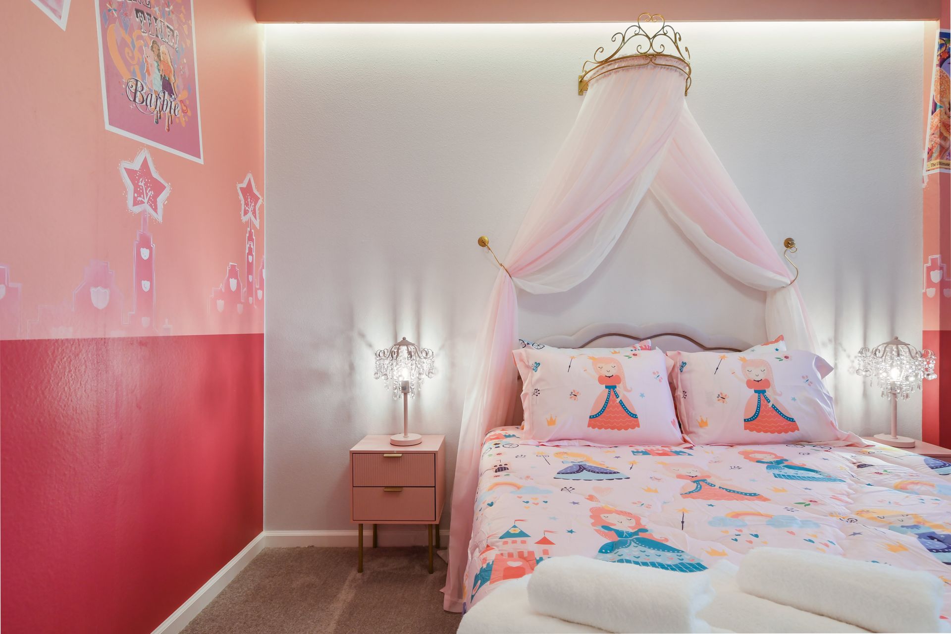 Whimsical princess-themed bedroom with a canopy bed, elegant lighting, and dreamy decor.