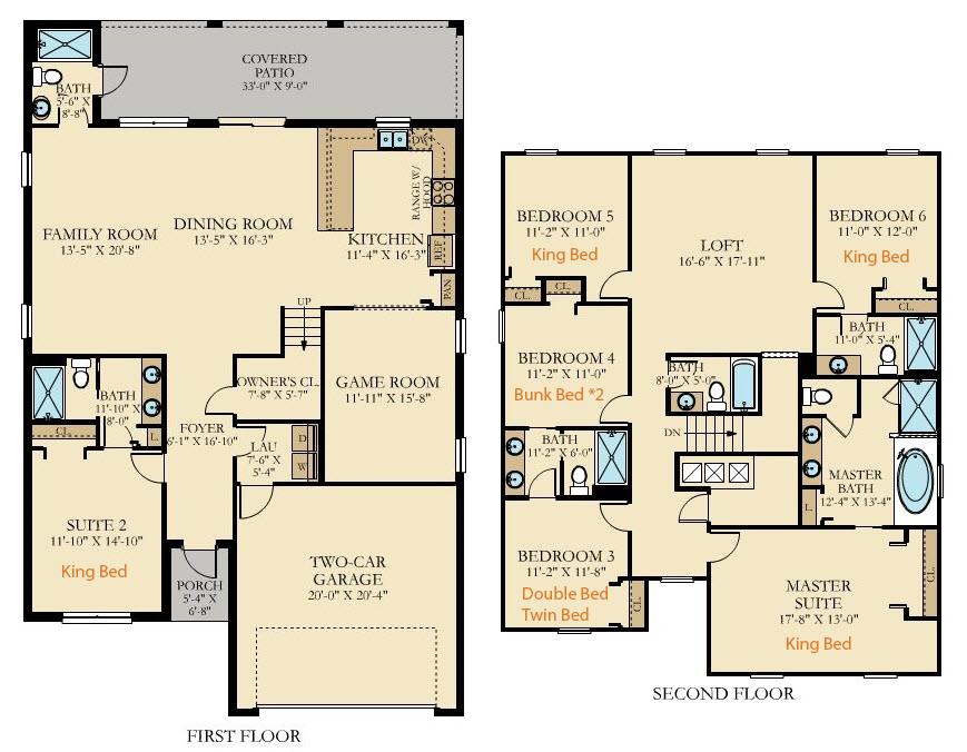 Spacious 6BR home with king beds, bunk rooms, loft, game room, and covered patio.
