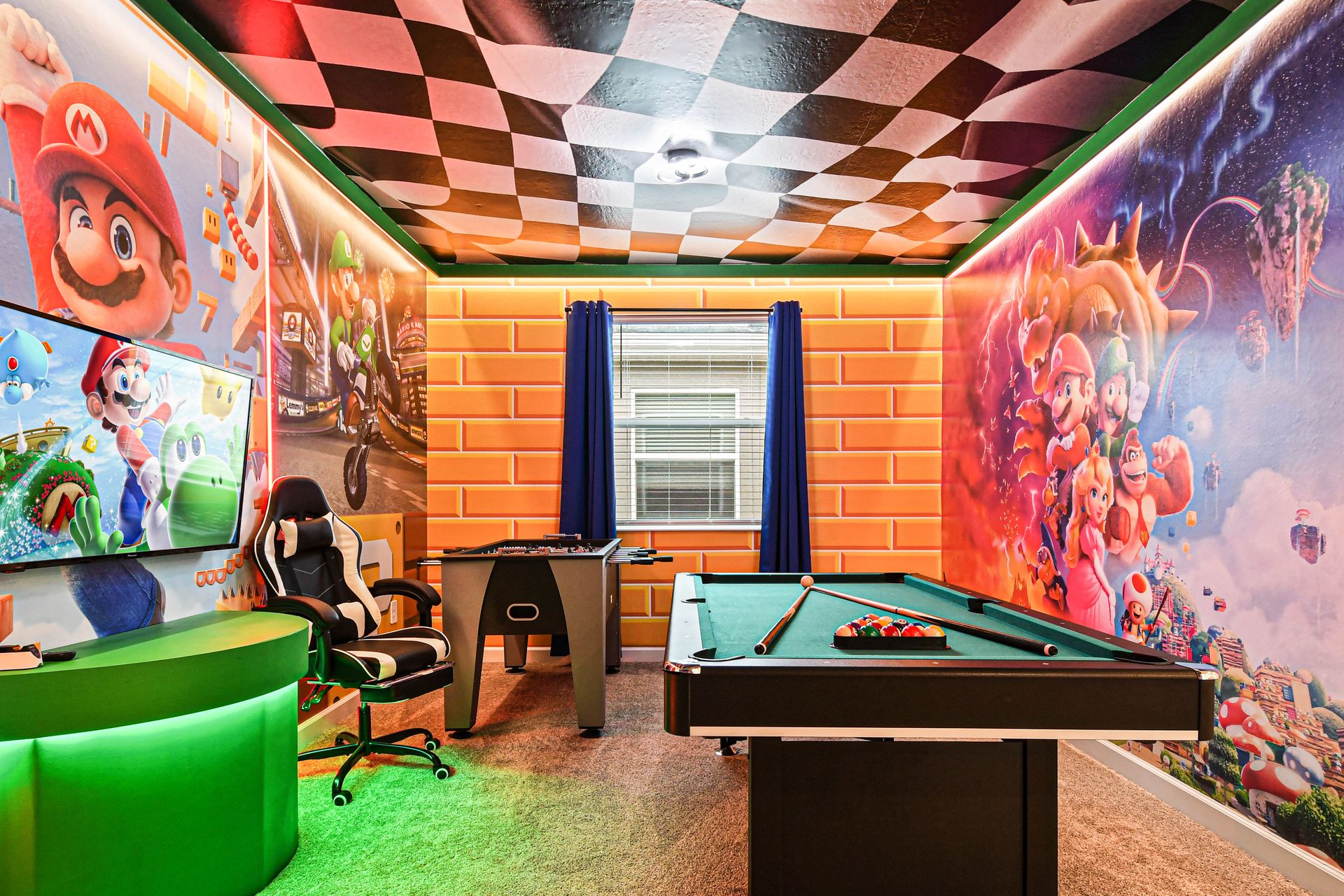 Immersive Mario-themed game room with pool, foosball, gaming chairs, and bold murals.