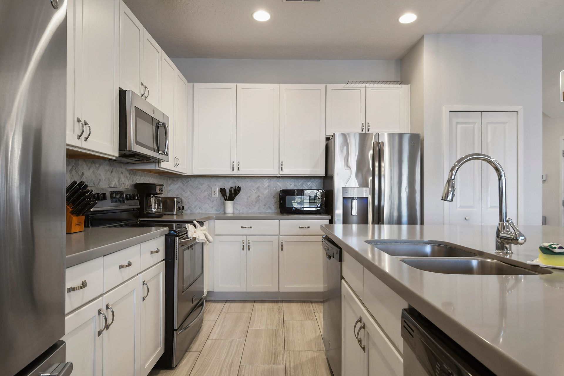 Modern kitchen with ample counter space, perfect for cooking together