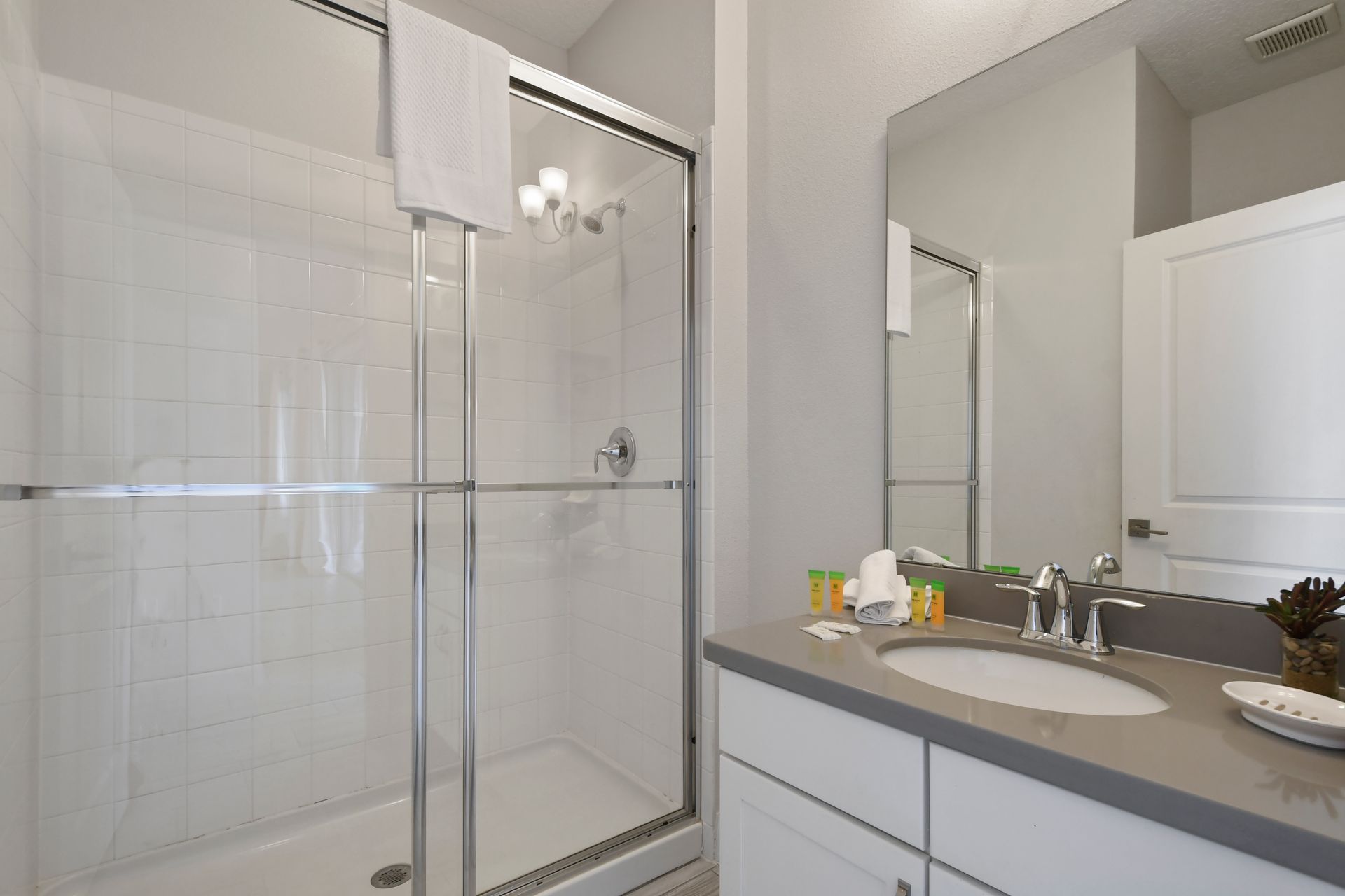 Modern bathroom with a sleek shower and stylish vanity space