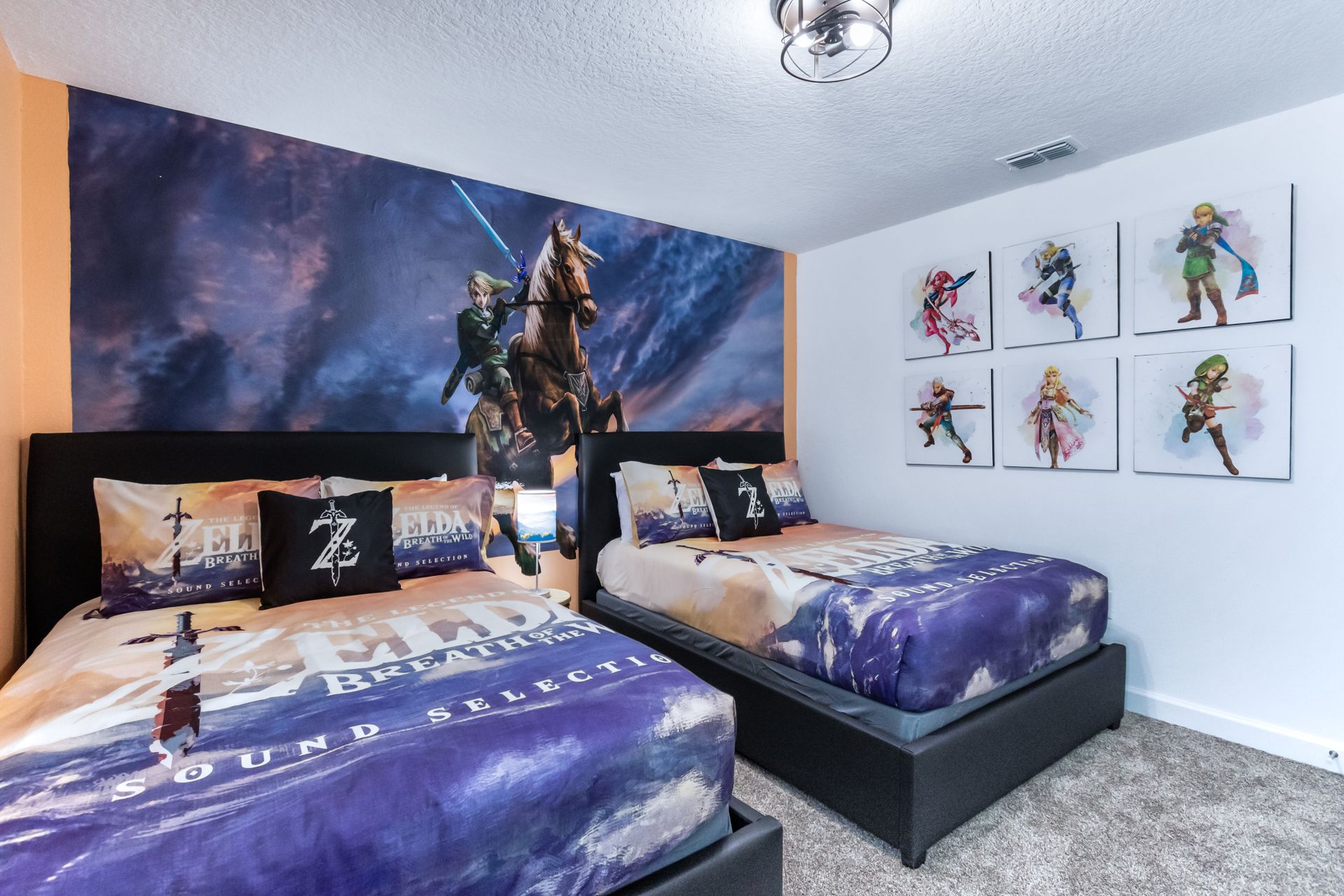 Legend of Zelda themed kids room with epic mural, character art, and comfy beds
