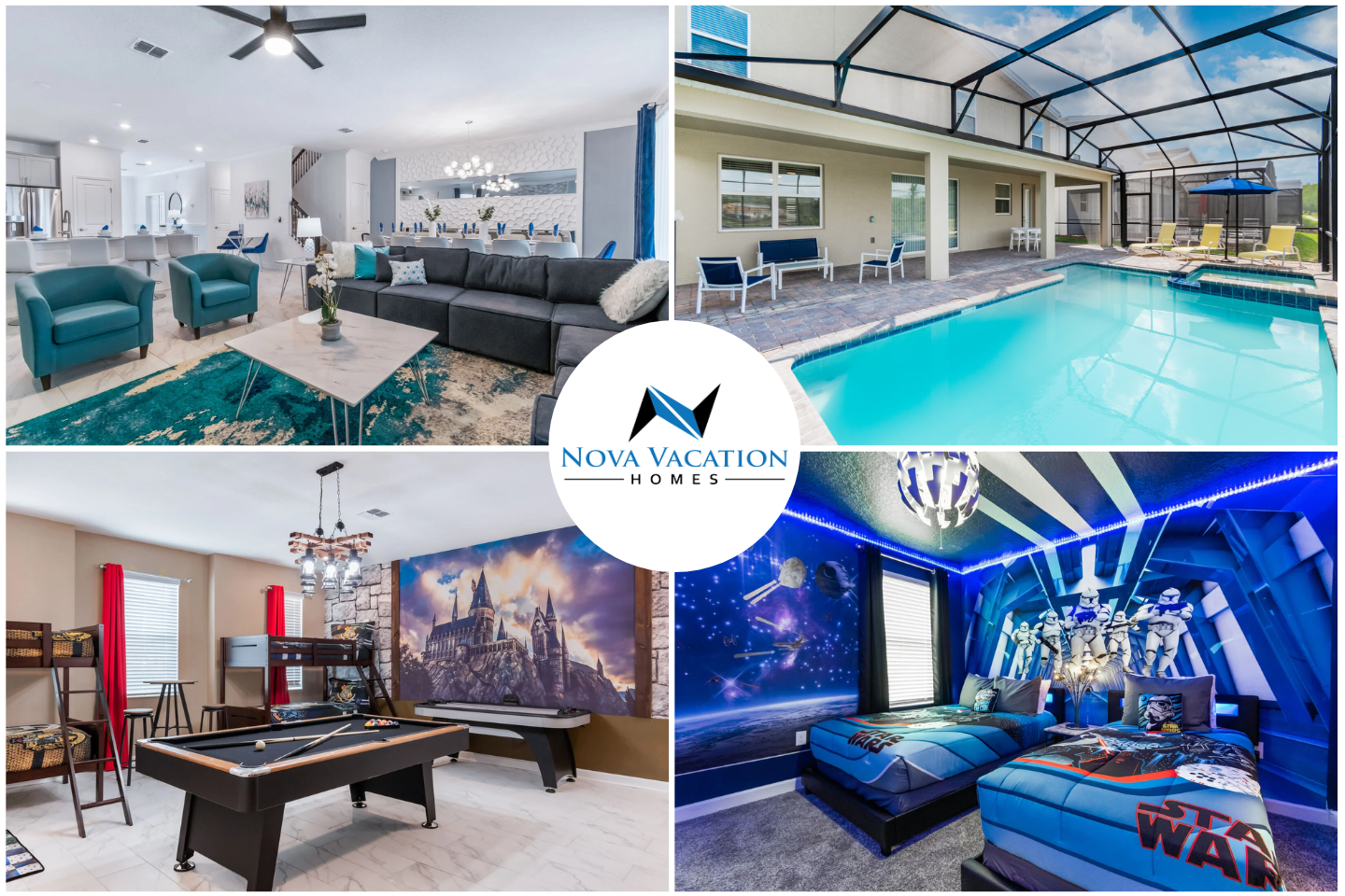 Luxury villa with themed kids rooms, game room, private pool, and modern living
