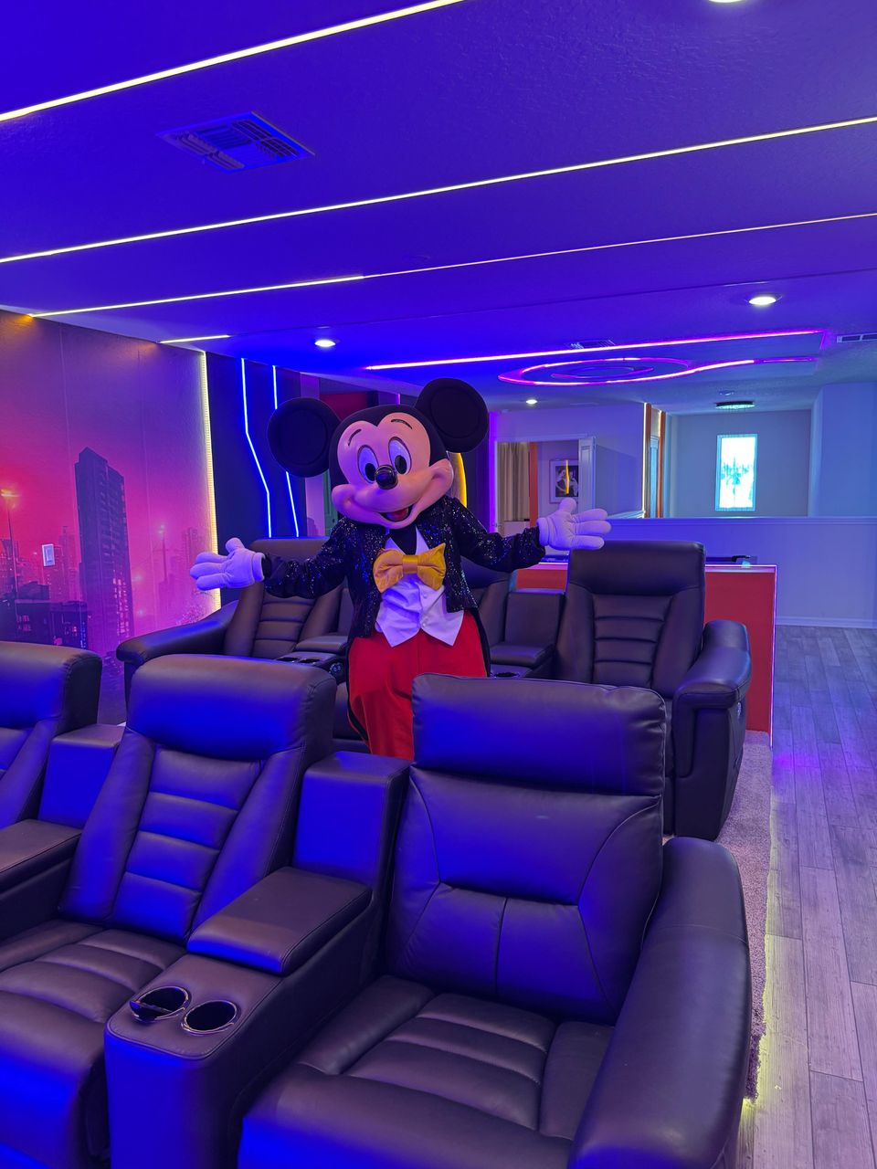 Private theater with cozy recliners, neon glow & Disney magic!
