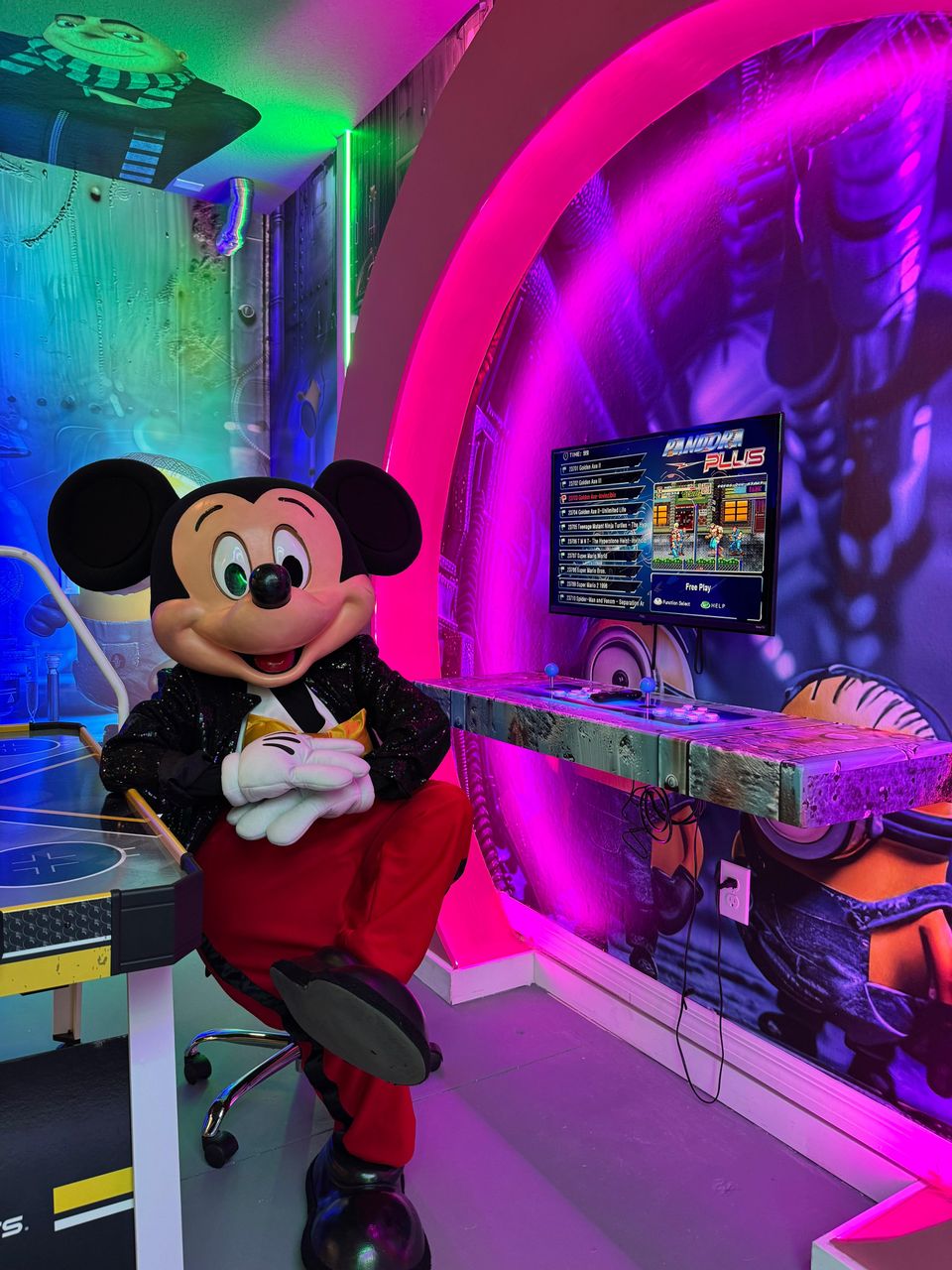 Arcade station with retro games, neon lights & character fun!