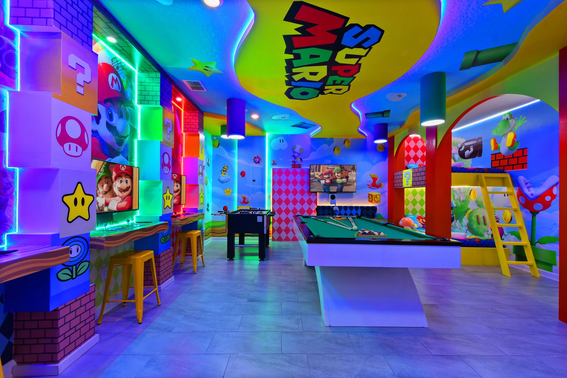 Jump into the ultimate Super Mario game room with arcades, pool, and bold colors!