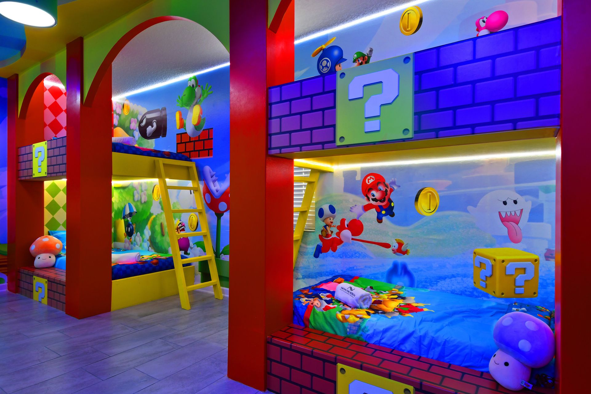 Power up in this Super Mario bunk room where every bed is a level of adventure!