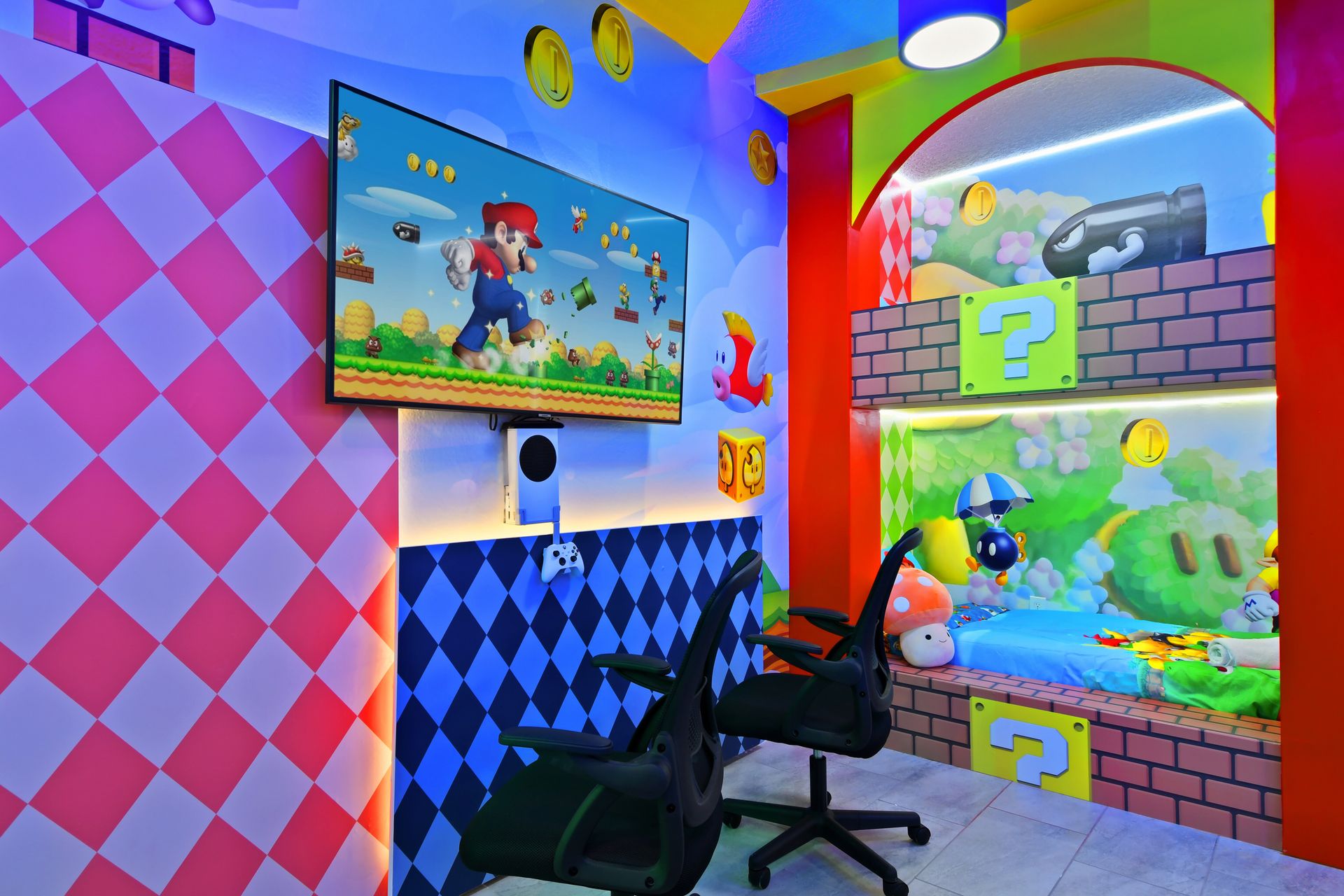 Power up in this Super Mario bunk room where every bed is a level of adventure!