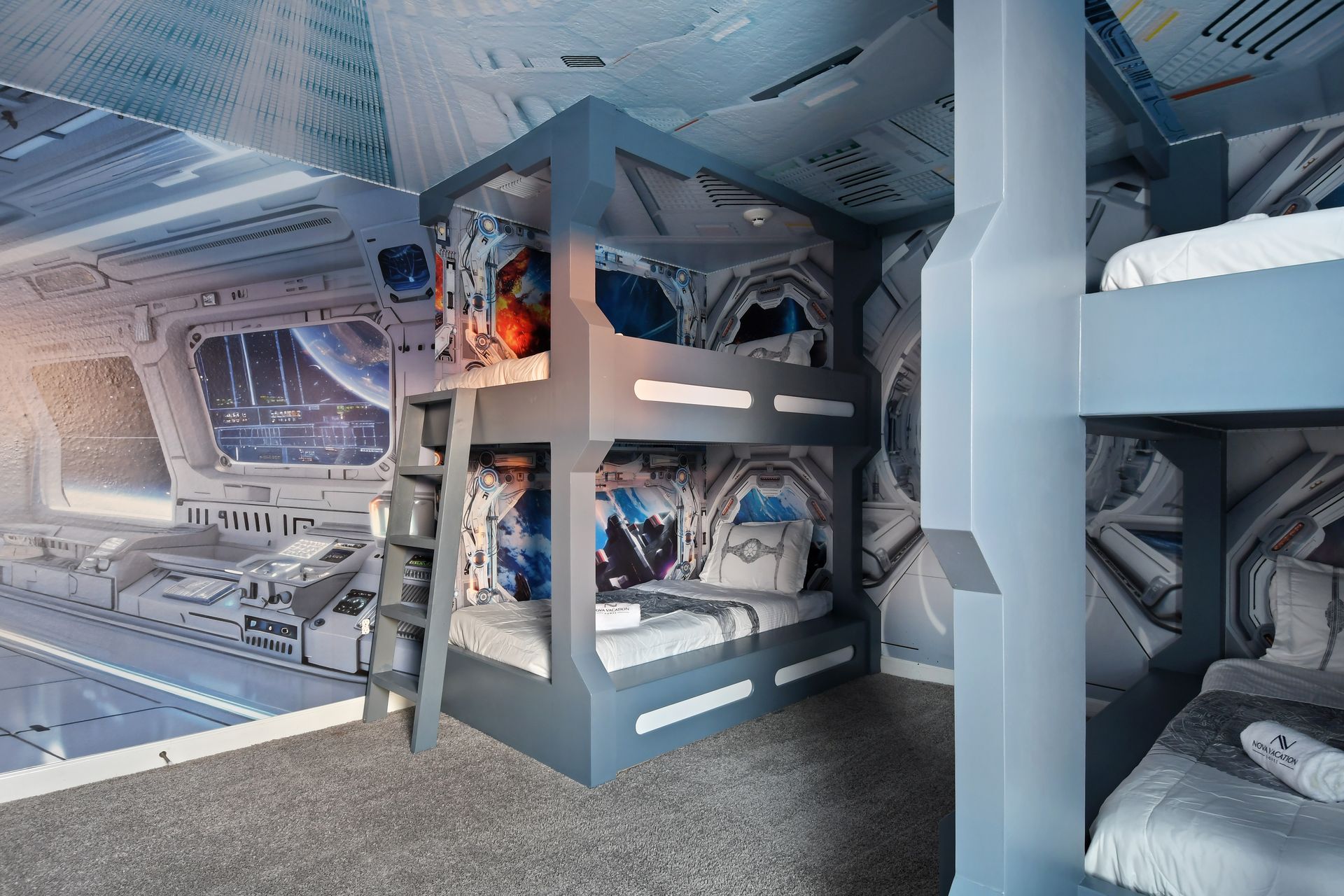 Blast off to dreamland in this space-themed bunk room built like a starship cabin!