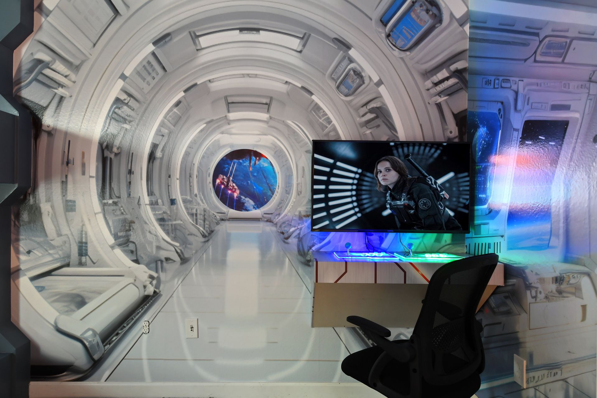 Command your own starship at this epic space-themed gaming station with galactic vibes!