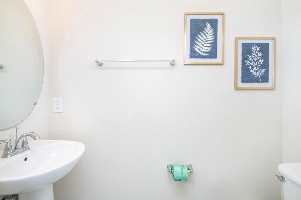 Charming half bath with pedestal sink, botanical art, and bright modern style.