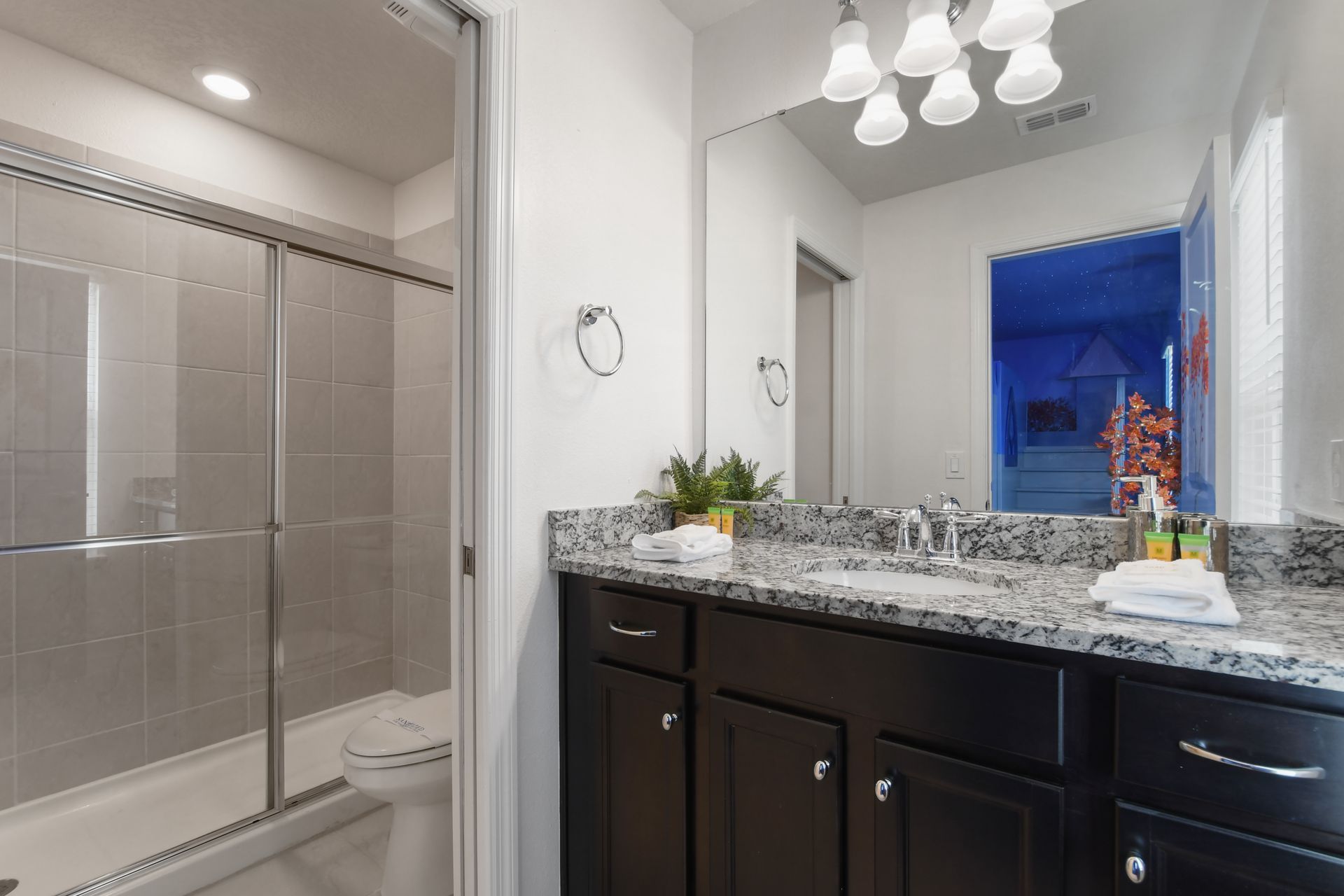 Modern bathroom with granite countertop and sleek glass shower.